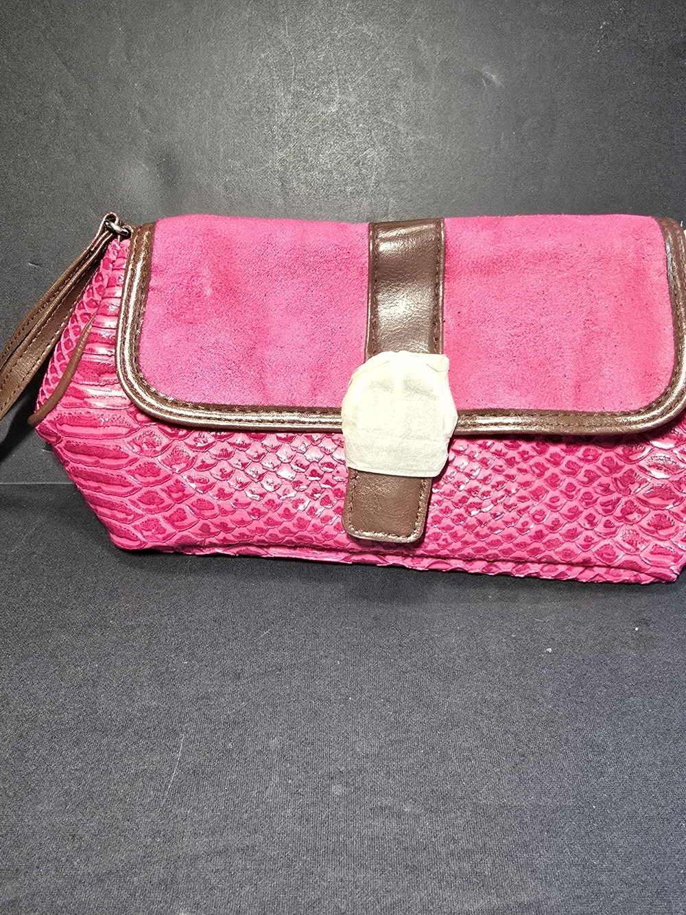 Elizabeth Arden Purple Faux Snakeskin Clutch Purse Suede Brown Trim Snap Close